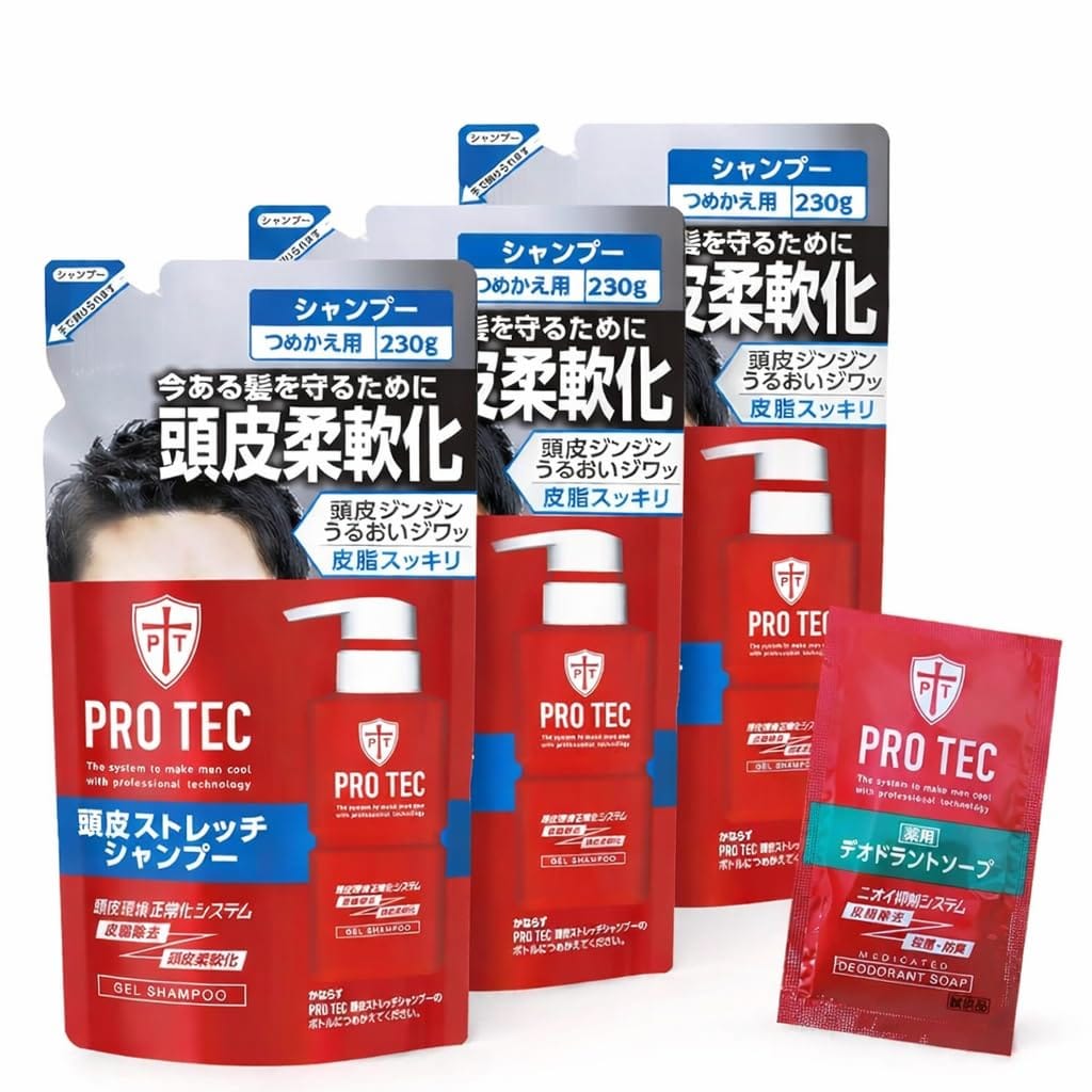【Amazon.co.jp限定】プロ テク 頭皮ストレッチ シャンプー 詰め替え230g×3個+デオドラントソープ 1回分おまけ付