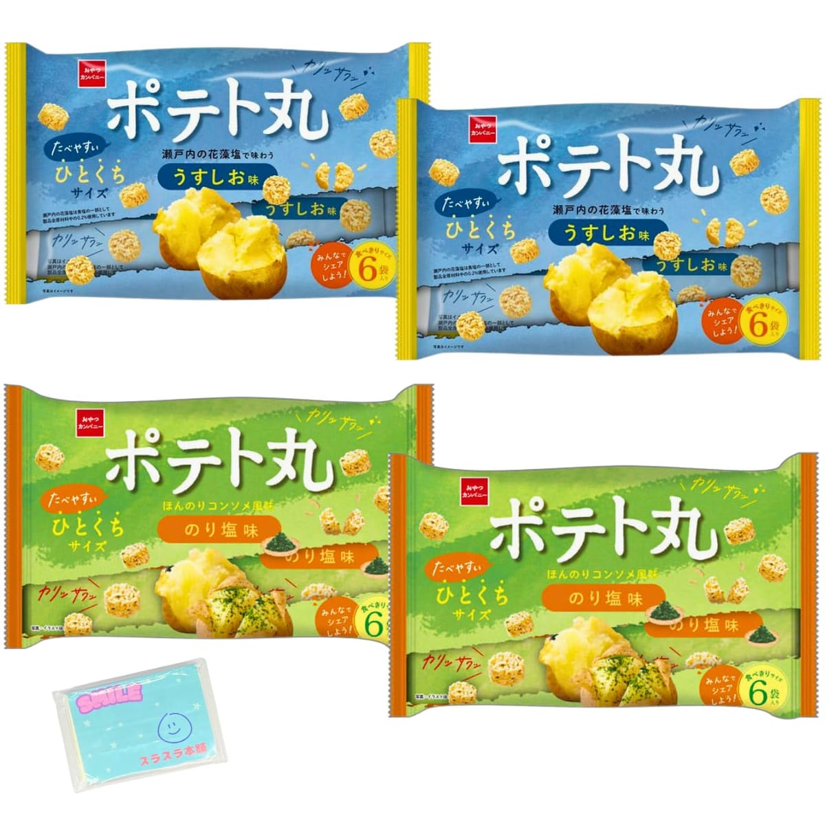 Monolog Style おやつカンパニー ポテト丸 108g(18g×6袋) 2種類アソートセット 【(1)うすしお味 (2)のりしお味 】各種2袋ずつ 合計4袋セット ★スラスラ本舗オリジナルポケットティッシュ付き★