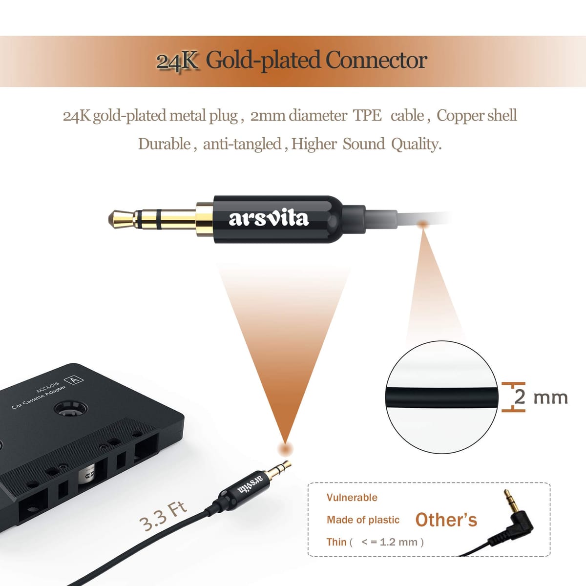 Arsvita カーオーディオカセットからAUXアダプター, 3.5mm補助ケーブルテープアダ...