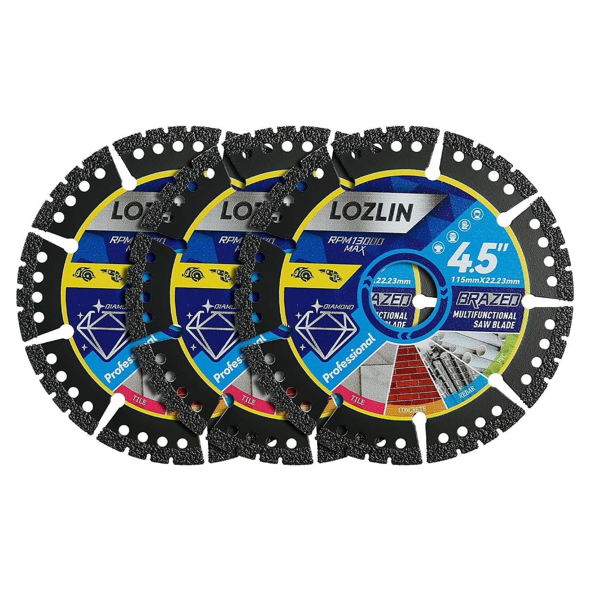 Rakuten - LOZLIN 3個パック 4.5インチ ダイヤモンド 多目的ソーブレード - 大理石/クォーツ/石/タイル/金属/プラスチックを切断するための高耐久アングルグラインダーディスク
