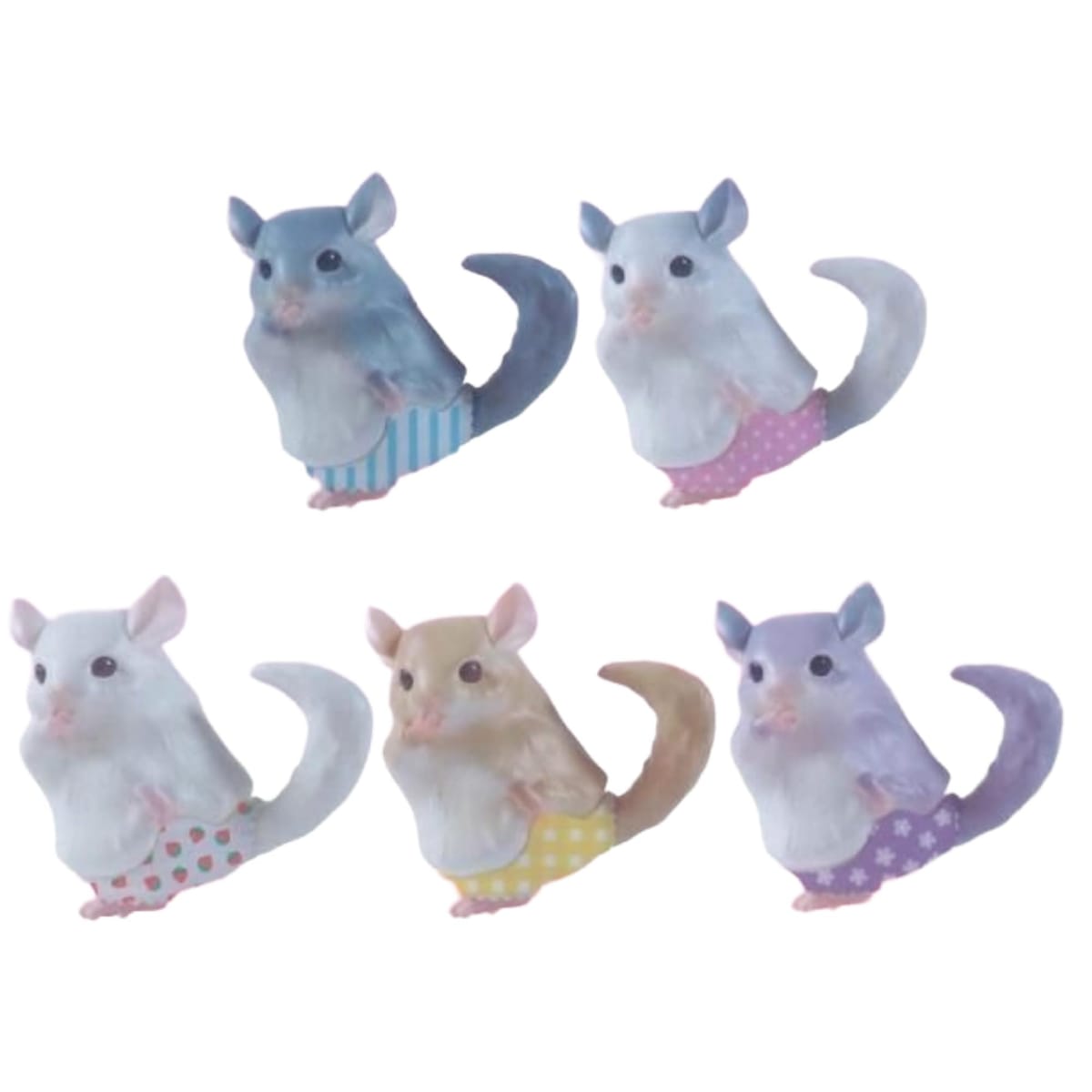 内容 1. すとらいぷおぱんつ 2. どっとおぱんつ 3. いちごおぱんつ 4. ぎんがむおぱんつ 5. ふらわーおぱんつサイズ：全高約48mm 全5種コンプリートセット（全5種×各1個ずつ）キュートなおぱんつがチラッおぱんつ×チンチラがヘンテコカワイイ☆