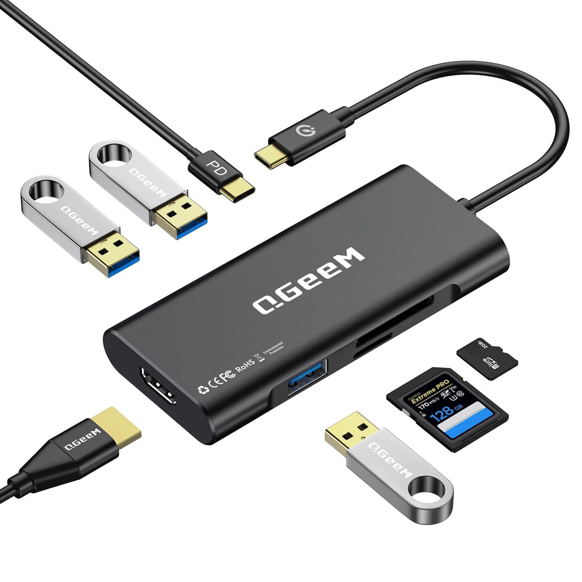 QGeeM USB-C 7-in-1ɥ󥰥 100W PD3x USB 3.0SD/TFɥ꡼MacBookiPadDe...