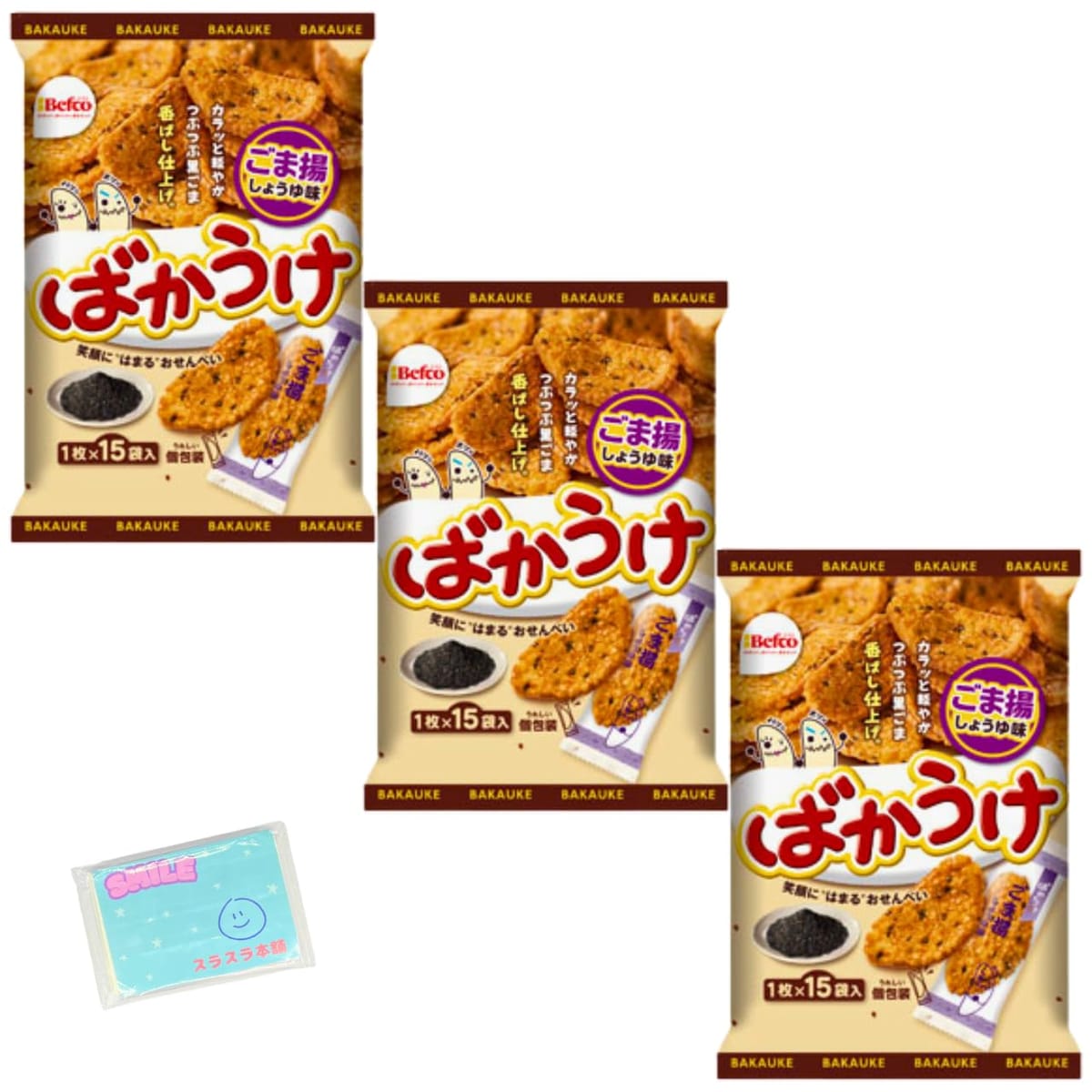 Monolog Style 栗山米菓 ばかうけ ごま揚しょうゆ味 15枚入 ×3袋セット ★スラスラ本舗オリジナルポケットティッシュ付き★