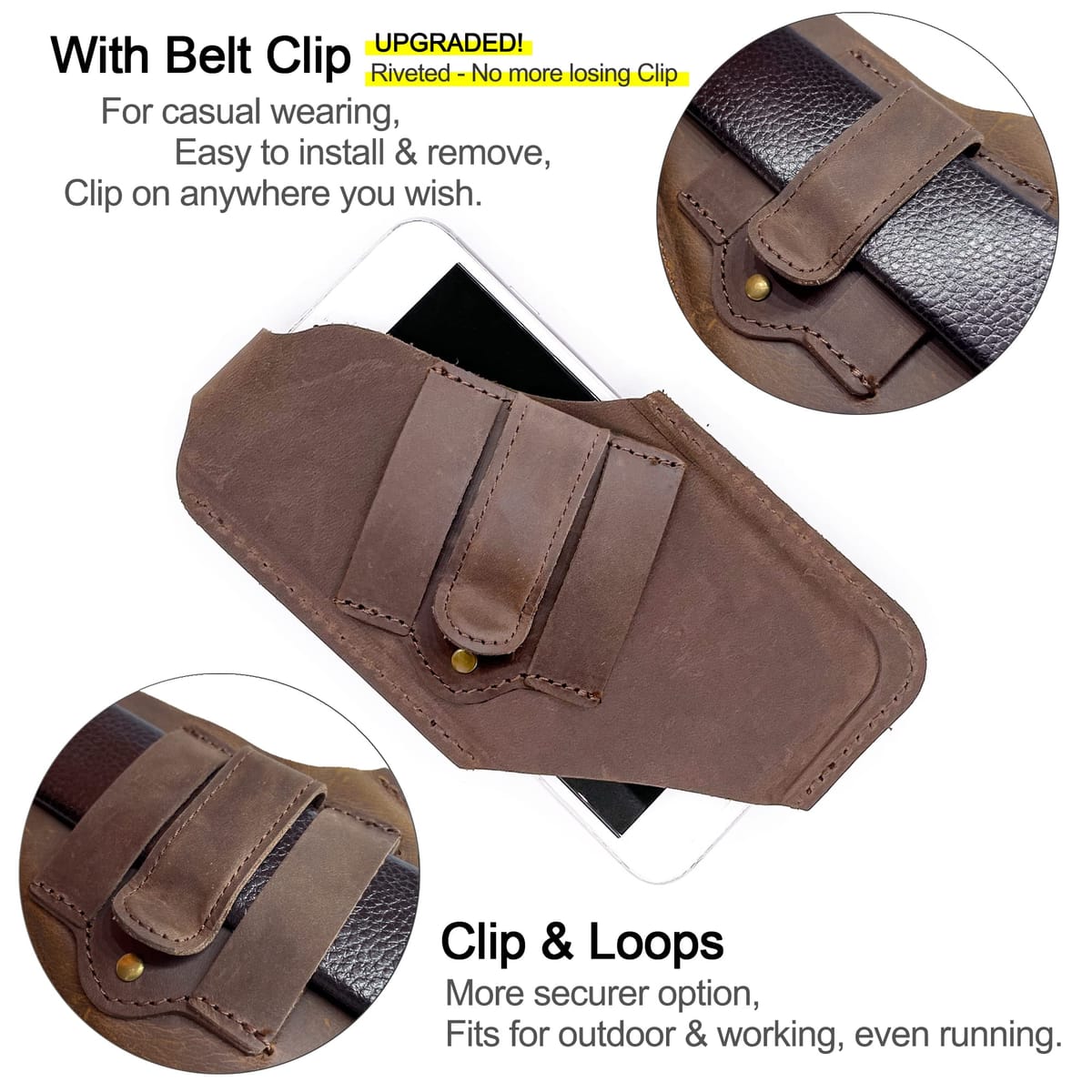 TobbinGear ベルトクリップ付きレザー携帯電話ホルスター、レザーベルトフォンポーチ、ベルト上のユニバーサルレザーフォンケース、iPhone用携帯電話ホルダー、携帯電話シース、メンズギフト