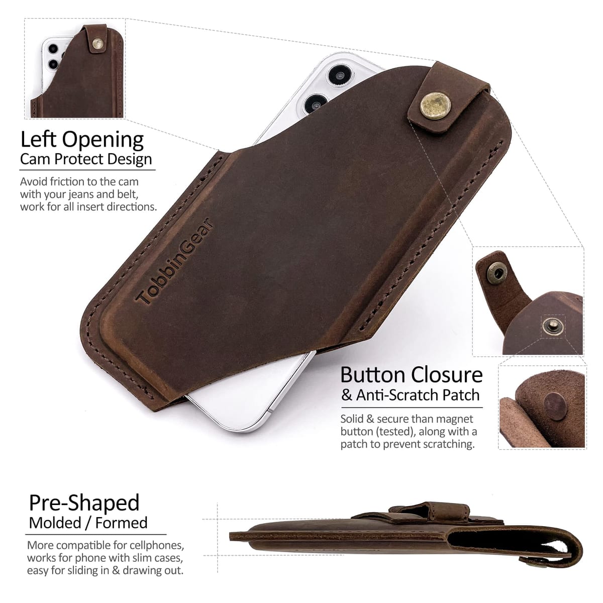 TobbinGear ベルトクリップ付きレザー携帯電話ホルスター、レザーベルトフォンポーチ、ベルト上のユニバーサルレザーフォンケース、iPhone用携帯電話ホルダー、携帯電話シース、メンズギフト