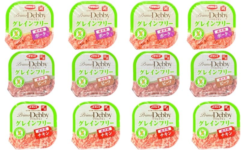国産 成犬用 犬用総合栄養食 プリモデビィ グレインフリーシリーズを3種類アソートセットにしました。穀物不使用 着色料 発色剤 無添加で安心してあなたの愛犬に与えることができます。アソートセットなので気軽に色んな味がお試しできるのがこの商品の魅力です♪『うちの子はこの味好きなのかな・・』『うちの子って同じ味だとすぐに飽きちゃうのよね・・』『普段買わない味の商品も試してみたい』そんなあなたにピッタリの商品です。 ●ビーフ：鶏肉と牛肉、鶏胸肉、鶏内臓を細かいミンチにして加え、グレインフリー（穀物不使用）で作りました。中鎖脂肪酸油、コラーゲンペプチド、オリゴ糖、EPA・DHA、植物性乳酸菌K71配合。●ポーク：豚肉と鶏肉、鶏胸肉、鶏内臓を細かいミンチにして加え、グレインフリー（穀物不使用）で作りました。中鎖脂肪酸油、コラーゲンペプチド、オリゴ糖、EPA・DHA 、植物性乳酸菌K71配合。●チキン：鶏胸肉と鶏肉、鶏内臓を細かいミンチにして加え、グレインフリー（穀物不使用）で作りました。中鎖脂肪酸油、コラーゲンペプチド、オリゴ糖、EPA・DHA、植物性乳酸菌K71配合。