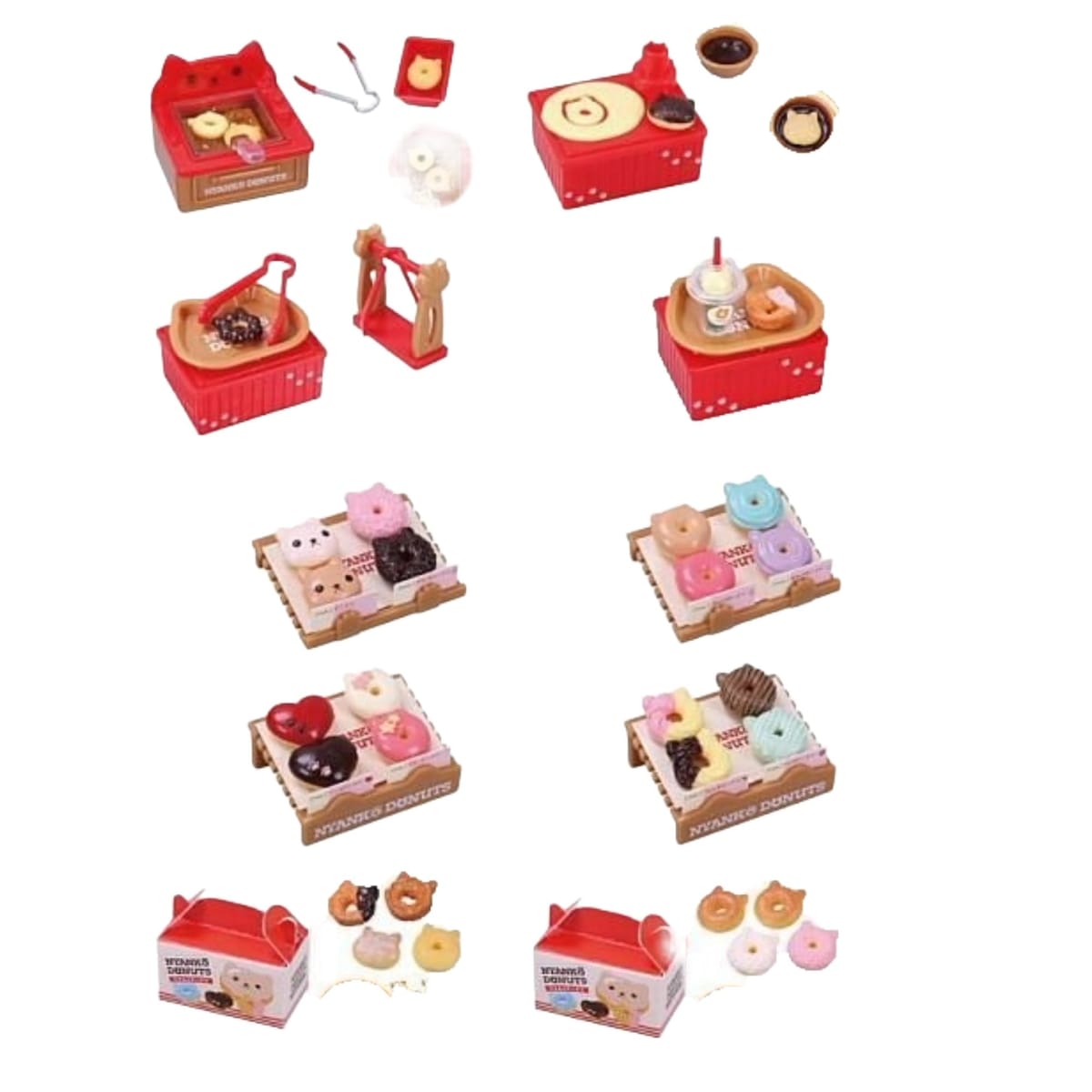 内容 1. フライヤーセット 2. デコレーションセット 3. トングセット 4. イートインセット 5. にゃんこドーナツAセット 6. にゃんこドーナツBセット 7. にゃんこドーナツCセット 8. にゃんこドーナツDセット 9. にゃんこドーナツテイクアウトAセット 10. にゃんこドーナツテイクアウトBセット 全10種コンプリートセット（全10種×各1個ずつ）トッピングや形もいろいろ！カラフルでかわいいドーナツがいっぱいドーナツ作りから陳列まで楽しめる、遊びごたえ満点！