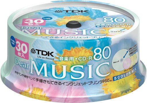 TDK 音楽用CD-R 80分 インクジェットプリンタ対応(5色カラーミックス・ワイド印刷仕様) 30枚スピンドル CD-RDE80CPMX30PS TDK 音楽用CD-R 80分 インクジェットプリンタ対応(5色カラーミックス・ワイド印刷仕様) 30枚スピンドル CD-RDE80CPMX30PS