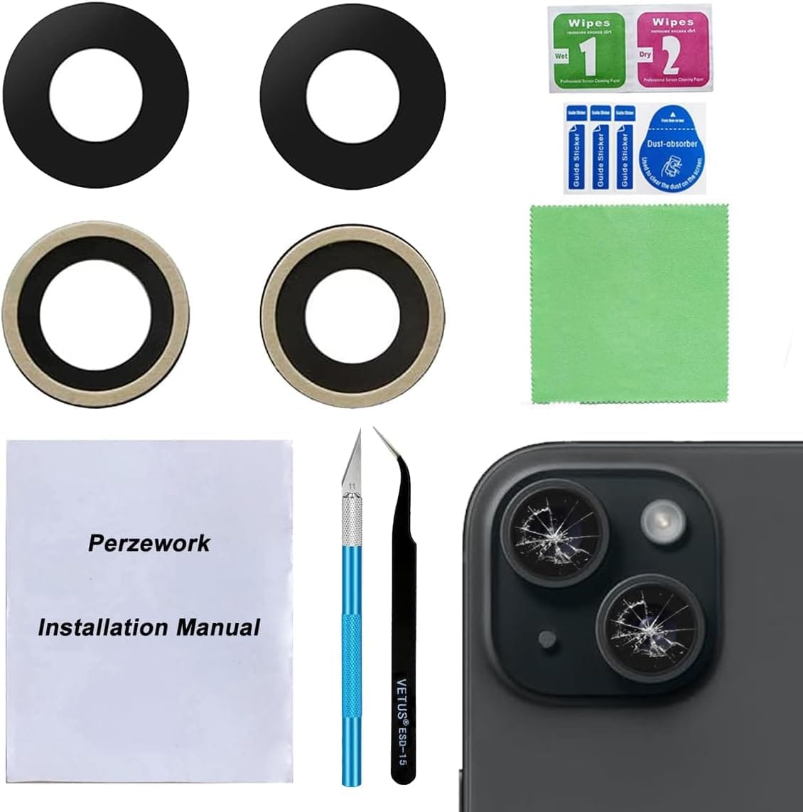 Perzework iPhone 15 および iPhone 15 Plus 用 OEM バックリアカメラレンズガラス交換品 接着剤と修理ツールキット付き