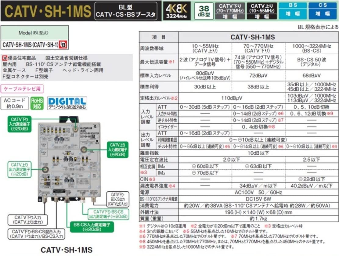 美的生活ヘルシーライフ本店のマスプロ 4K・8K衛星放送(3224MHz)対応 BL型 CATV・BS・CS ブースター 38dB型 CATV・SH-1MS （BL型式：CATV・UF-1）｜アングル2