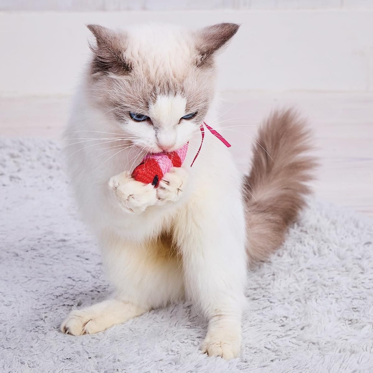 チュ～チュ～鳴いて狩猟本能を駆り立てる！キャットニップ入。電池内蔵。原材料　：　ポリエステル、ABS樹脂、キャットニップ（粉末）