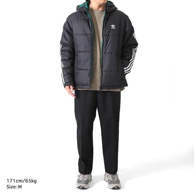 adidas アディダスオリジナルス アディカラー トレフォイルロゴ リバーシブル フーデッド ダウンジャケット HZ0690 黒 中綿 メンズ【L-Black-Green(HZ0690)】