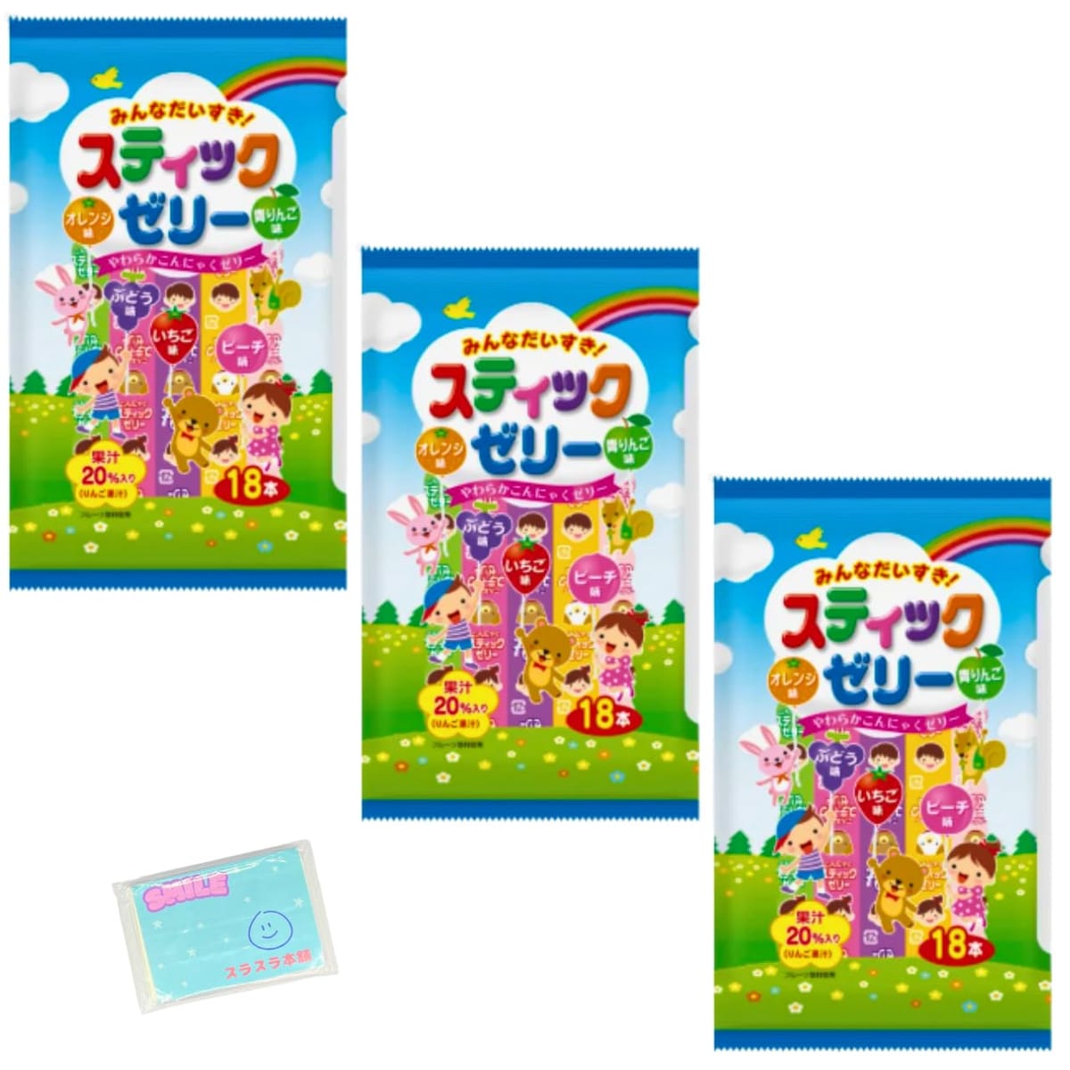 リボン みんなだいすき！スティックゼリー 18本 ×3袋セット ★スラスラ本舗オリジナルポケットティッシュ付き★