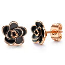 AllenCOCO　ピアス　レディース　黒い花　モチーフ　スタッドピアス　18k　金メッキ　金属アレルギー対応　薔薇ピアス　贈り物　専用ボックス付き　ブラック　直径0.9mm