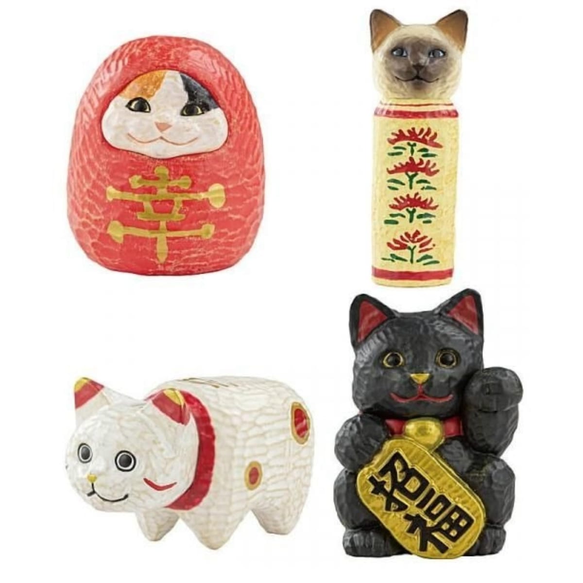 内容 1. だるまねこ・幸 2. こけしねこ・シャム 3. ねこべこ・白 4. 招きねこ・黒サイズ：全高約27-55mm 全4種コンプリートセット（全4種×各1個ずつ）旅の思い出に、ねこはいかが？花房さくらさんのねこみやげ から新規カラーが登場！