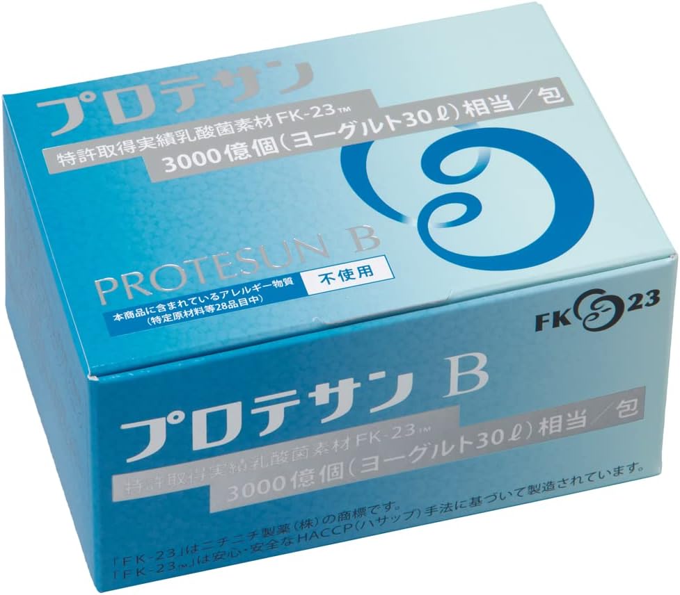 《プロテサンB》は、1包中に3000億個の乳酸菌(エンテロコッカス・フェカリス・FK-23菌)を含有した濃縮乳酸菌粉末です。 アレルギーに関する特定原材料及び表示推奨品目（28種類）を含んでいません。 ●FK-23乳酸菌とは？ 乳酸菌には200以上の種類が存在します。数ある乳酸菌の中で、最も優れている乳酸菌の一つが「エンテロコッカス・フェカリス菌」です。 この優れた菌種の中で、最も優れた株菌を選び抜き、特殊なバイオ技術で培養しものだけが「FK-23菌」となるのです。通常のフェカリス菌と比べて約3倍優れていることが報告されています。また、「FK-23菌」は加熱処理されていますので、成分も安定しております。 1包中に3000億個の乳酸菌 2022年10月17日にリニューアル 製品サイズ 7.6 x 11.2 x 5.6 cm; 45 g 対象年齢 大人 対象性別 ユニセックス