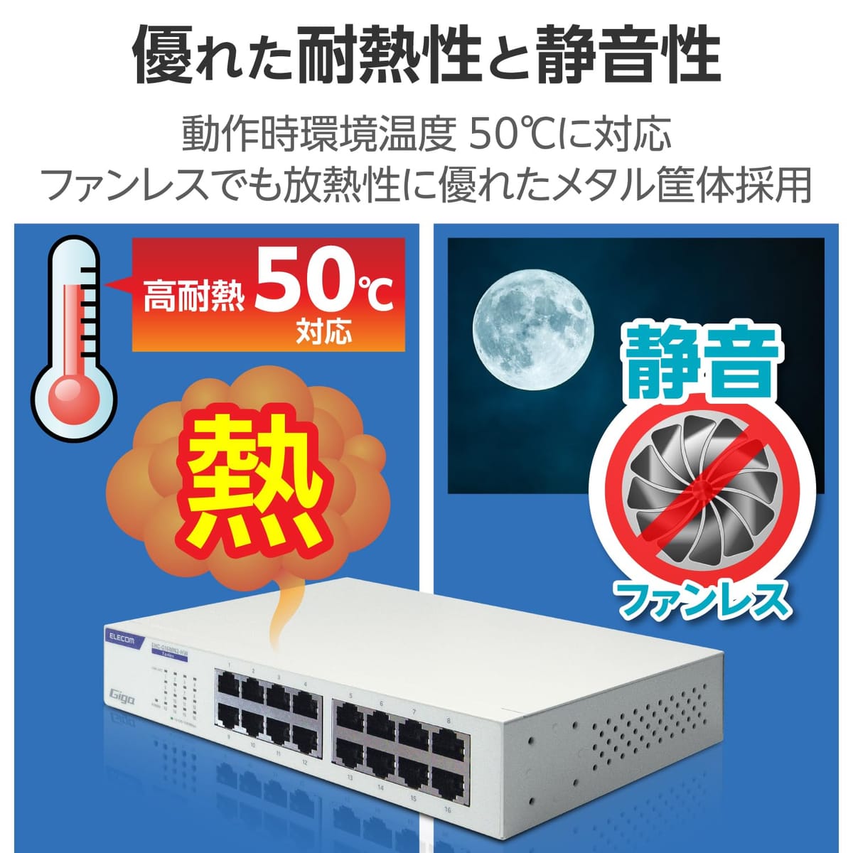 美的生活ヘルシーライフ本店のエレコム スイッチングハブ ギガビット 16ポート 電源内蔵 金属筺体 EHC-G16MN2-HW｜アングル3