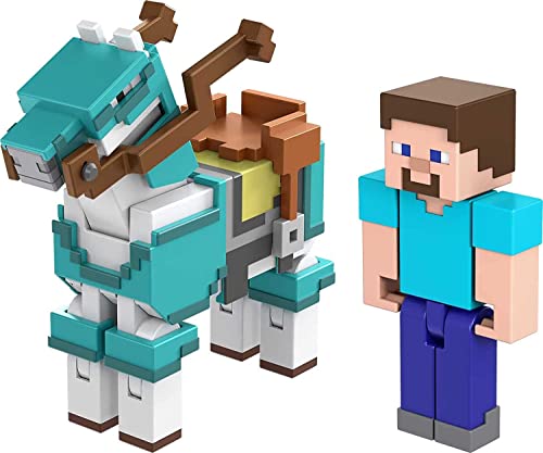 マテル MATTEL Minecraft マインクラフト フィギュア スティーブとアーマードホース 2パック 約8cm 装飾用ブロック付き [並行輸入品]