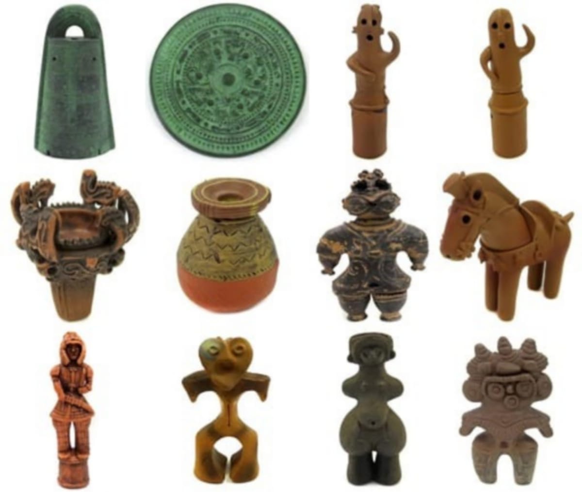 内容 1. 銅鐸 2. 三角縁神獣鏡 3. 踊る埴輪(男性) 4. 踊る埴輪(女性) 5. 火焔型土器 6. 弥生式土器 7. 遮光器土偶 8. 馬埴輪 9. 武人埴輪 10. ハート形土偶 11. ヴィーナス土偶 12. みみずく土偶 全12種コンプリートセット（全12種×各1個ずつ）台座付き！