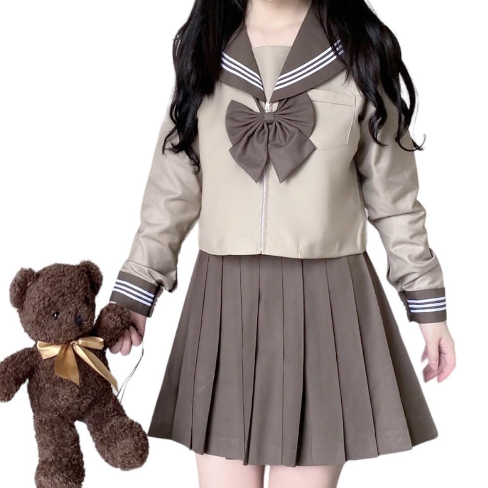 [Kanoan] 3点セット セーラー服 長袖 ブラウン 茶色 コーヒー 白 3本ライン 学生服 前開き プリーツスカート 女子高校 制服 可愛い コスプレ 蝶結び リボン JK オルチャン 韓国 春 夏 秋 冬 通…