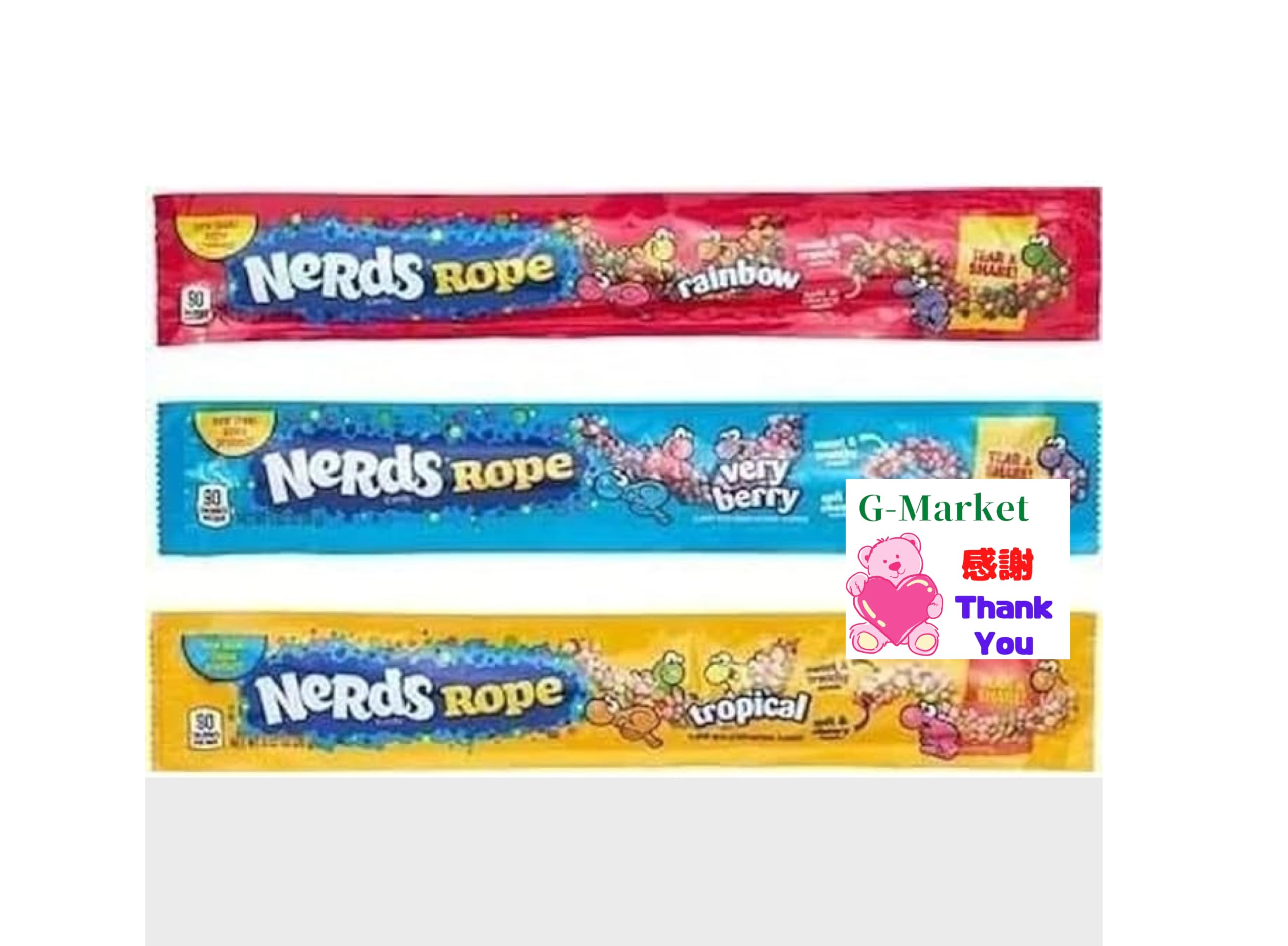 ナーズロープグミ Nerds Rope 26g 　赤・青・黄　3種各1本セット☆