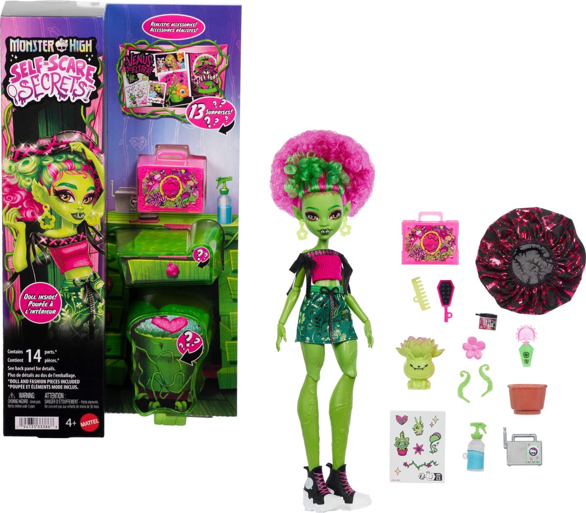 Rakuten - Monster High Self-Scare Secrets Venus McFlytrap 人形とアクセサリーセット ヘアケア製品、ボンネット、植物などのリアルなサプライズ13個付き