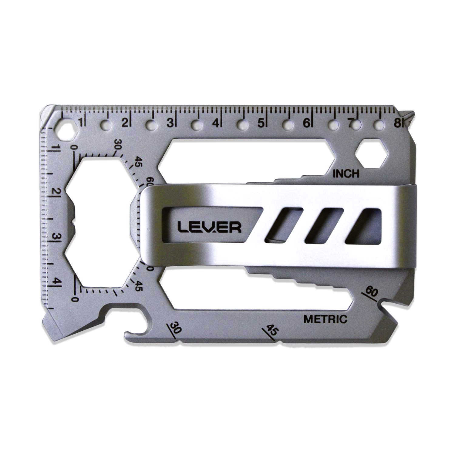 Lever Gear マネークリップ付きツールカードプロ-40イン1クレジットカードマルチツール。なめらかなミニマリストステンレス鋼財布マルチツールとマネークリップビーズブラストシルバー