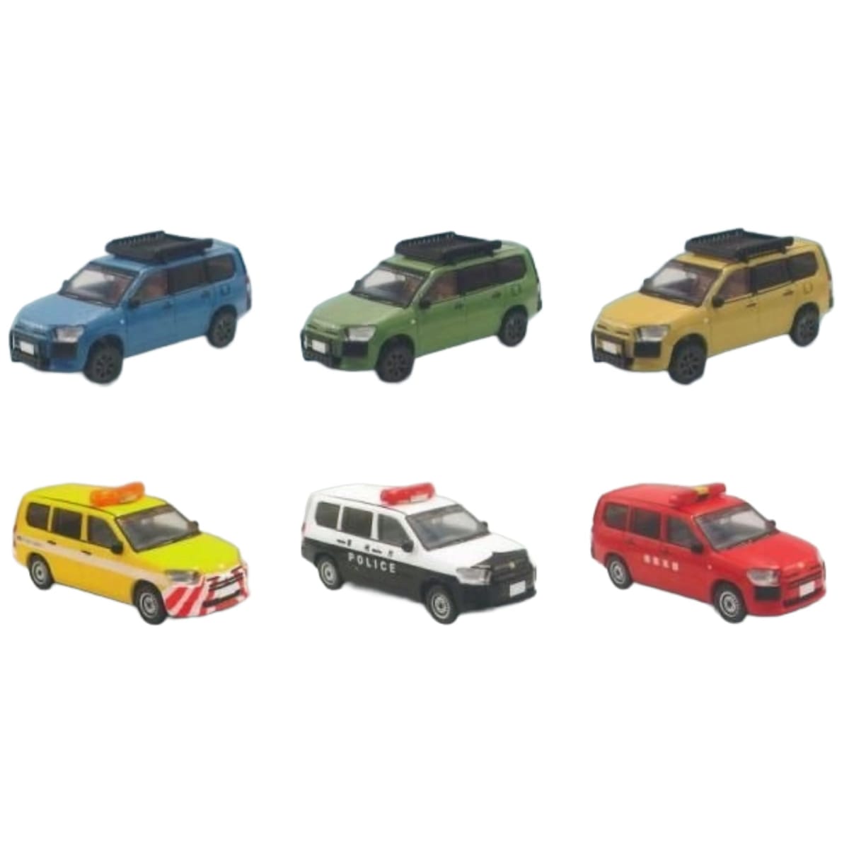 内容 1. 道路パトロールカー(EMERGENCY CAR) 2. 警察車両(EMERGENCY CAR) 3. 消防車両(EMERGENCY CAR) 4. アーミーグリーン(CUSTOM CAR) 5. サンドベージュ(CUSTOM CAR) 6. ネイビーブルー(CUSTOM CAR)サイズ：全長約65mm 全6種コンプリートセット（全6種×各1個ずつ）2024年1月にノーマルが発売されましたが、今回は全てカスタムです！全6種の内、3種はリフトアップにカンガルーバー、キャリア付きのキャンパー向けオフロード、もう3種は緊急車両風で登場！ブーメランとバータイプがあります。