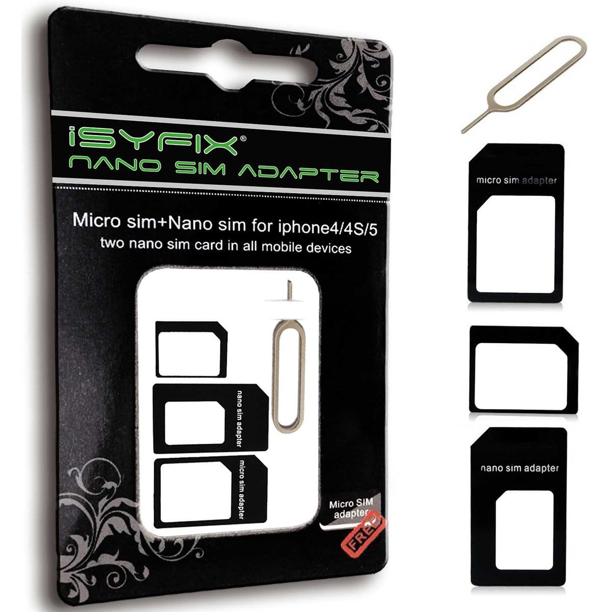 iSYFIX SIMカードアダプター ナノマイクロ 標準4イン1コンバーターキット スチールトレイイジェクトピン付き