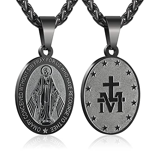 RS 聖母マリアネックレス メンズ 奇跡のメダル ステンレススチール 神の母 ペンダント De La Virgen Maria メダリオン 聖マリアチャーム, ステンレス鋼, 宝石なし