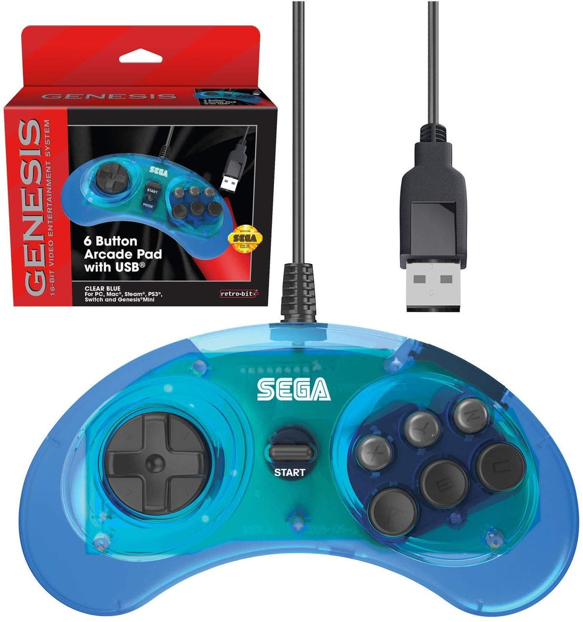 Retro-Bit 公式セガジェネシス USBコントローラー 6ボタン アーケードパッド Sega Genesis Mini、PS3、PC、Mac、スチーム、スイッチ用 - USBポート - (クリアブルー)