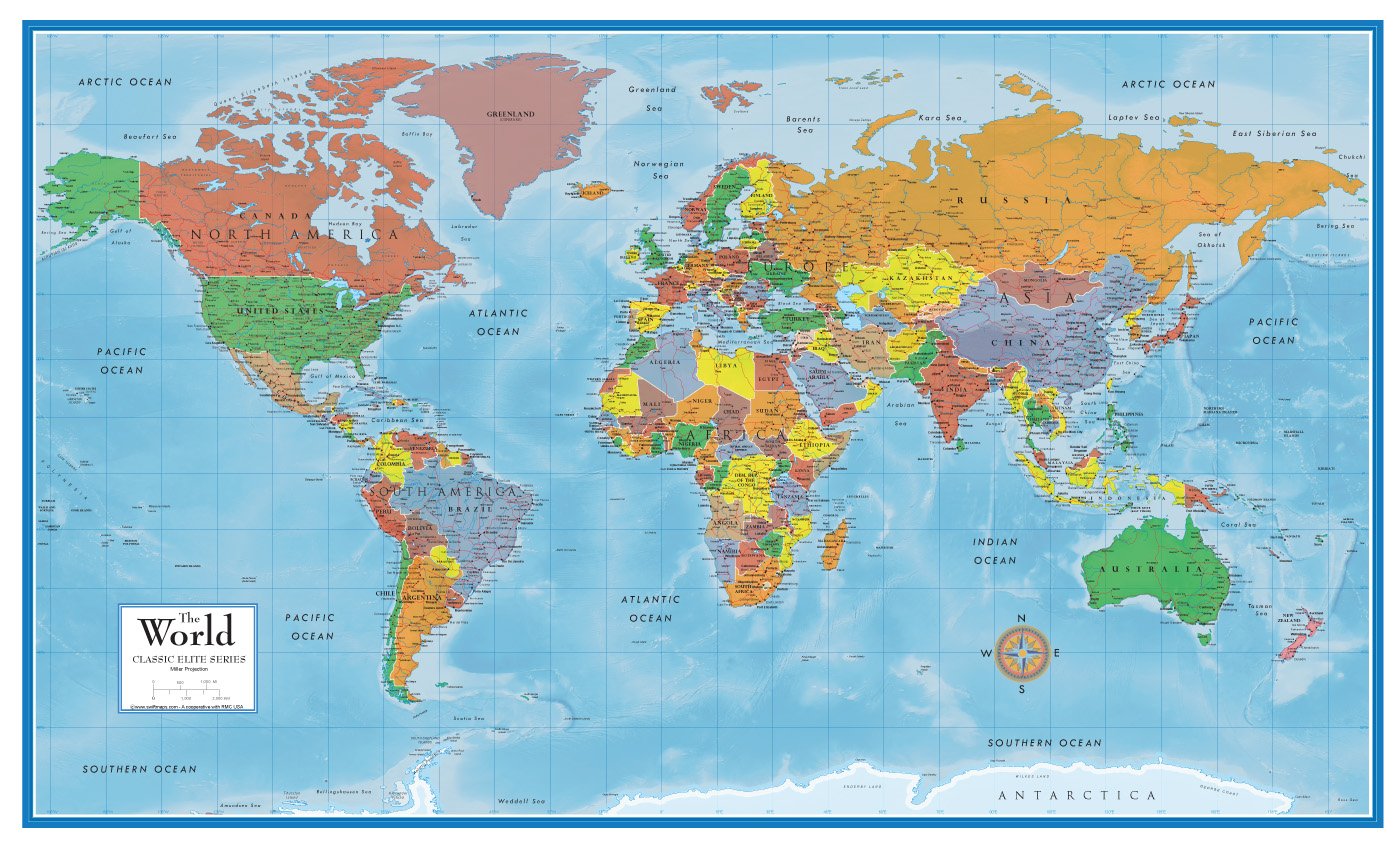 大きな世界地図ポスター。世界地図は24ポンドの紙に印刷されています。3D陰影起伏図：立体的な陰影で陸や海の地形の起伏が表現されています。職場、自宅、教育用に最適の世界地図。現在の世界の壁ポスター。 24&times;36 ワールドクラシックプレミアウォールマップ：このエレガントで、色どり豊なクラシックプレミアシリーズの世界地図は、Swiftmapsが有名となった素晴らしい地図製作ディテールを特徴としています。こちらは当社で最も売れている24&times;36インチの世界地図ポスターです。こちらのアップデートされた地図には現在の政治的なボーダーが記載されており、北極・南極に近い部分でおこる大陸のゆがみを減らすミラー図法を採用しています。あまり類を見ない、素晴らしい3Dの海と地上の地形陰影は注目を集めます。この地図は世界のマッピングにおいて最先端のテクノロジーを備えており、Swiftmapsは北米で業界を牽引しています。24ポンドのポスター紙に印刷されている地図は、折ったり、丸めたり、ラミネートしたり、フレームに入れたりすることができます。Swiftmapsは最高品質のウォールマップ製品だけをお届けします。