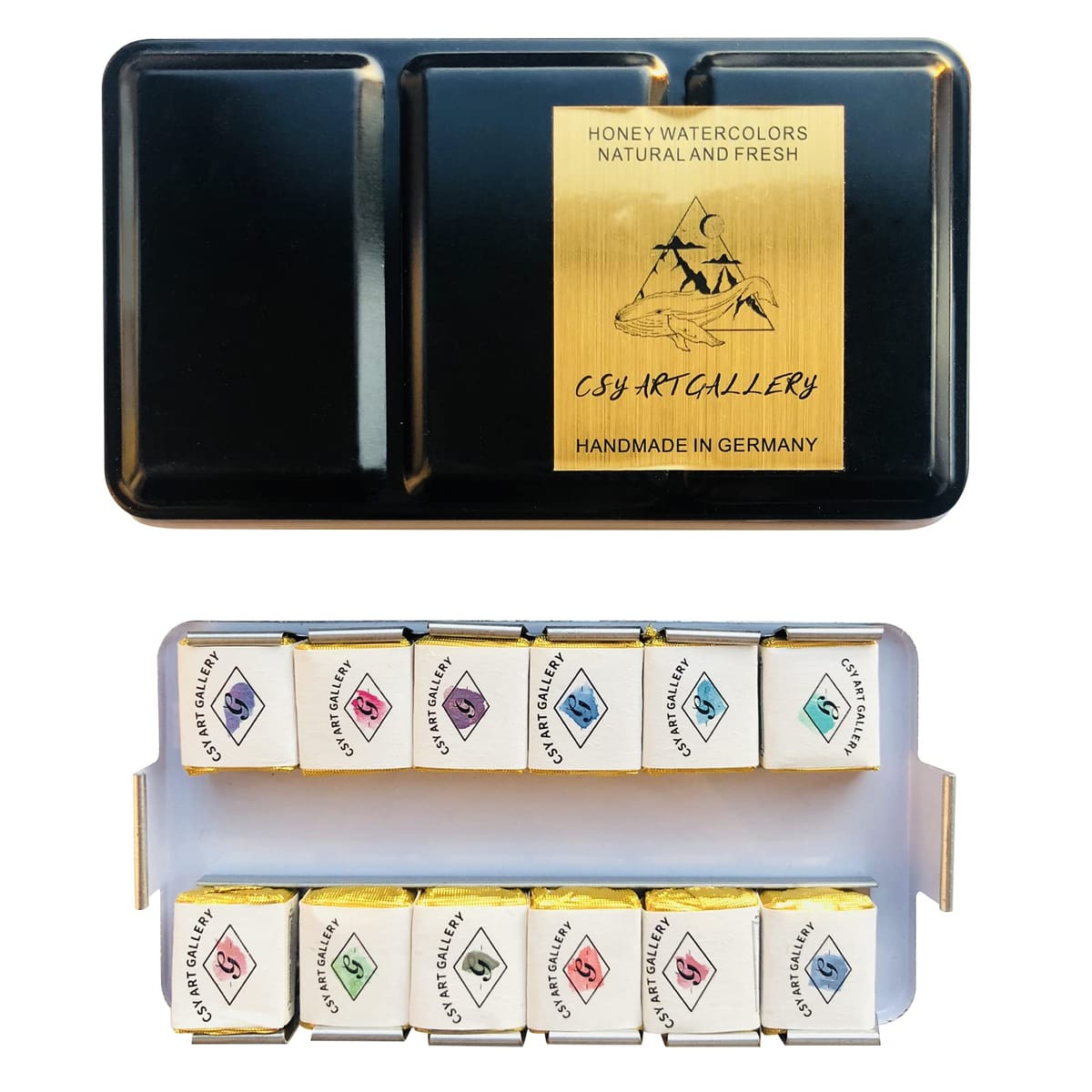 CSY アートギャラリー メタリック水彩絵の具セット ハンドメイド グリッター きらめくダブルカラー 水彩絵の具12色入り ポータブルティンボックス入り アーテ...