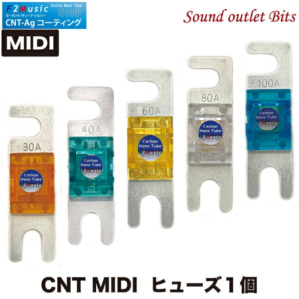 ■■■　\10,000以上お買い上げで代引き手数料が無料！　■■■ ■■■　更に￥30,000以上お買い上げで送料も無料！　■■■ 商品名 【F2Music】エフツーミュージック CNT Ag　コーティングシリーズ MIDI（Mini ANL）ヒューズ CNT-Ag MIDI ヒューズ　各種 1個入(ご希望のアンペアをお選びください)) 　 店長のコメント 商品詳細 すべての楽器・ボーカルが生き生きと歌い出す! カーボンナノチューブにより銀を超える驚異の導電性を実現。 金属の中で最高の導電性を誇る銀。 最大の弱点は、空気中のわずかな硫黄分と結びつく硫化、硫化銀は 絶縁性になるため著しく導電性が低下する事であった。 導電性に圧倒的に優れたカーボンナノチューブを銀めっきの中に均質に封入し、 その弱点をカバーするただけでなく、硫化後においても 硫化前の通常銀めっきの導電性を上回り、理想を超える銀めっきを実現した。 その音は圧巻、2次元だった音楽が3次元に。 すべての楽器・ボーカルが生き生きと歌い出し、歪み感がなく伸びやかな高域。 ロジウムと比べても、さらにレスポンスが高く引き締まった低域はリズム感が増し、 音楽本来の煌めきを取り戻す。 超導電性 CNT-Agコーティング (カーボンナノチューブ・シルバーコーティング) ●MIDI(Mini ANL) 規格ヒューズに対応 ●メインヒューズなど ●商品名：CNT MIDI ●入数：1個入&nbsp; &nbsp;すべての楽器・ボーカルが生き生きと歌い出す！カーボンナノチューブにより銀を超える驚異の導電性を実現。 &nbsp;金属の中で最高の導電性を誇る銀。 最大の弱点は、空気中のわずかな硫黄分と結びつく硫化、硫化銀は絶縁性になるため著しく導電性が低下する事であった。 導電性に圧倒的に優れたカーボンナノチューブを銀めっきの中に均質に封入し、 その弱点をカバーするだけでなく、硫化後においても硫化前の通常銀めっきの導電性を上回り、理想を超える銀めっきを実現した。 その音は圧巻、2次元だった音楽が3次元に。すべての楽器・ボーカルが生き生きと歌い出し、歪み感がなく伸びやかな高域。 ロジウムと比べても、さらにレスポンスが高く引き締まった低域はリズム感が増し、音楽本来の煌めきを取り戻す。 &nbsp;