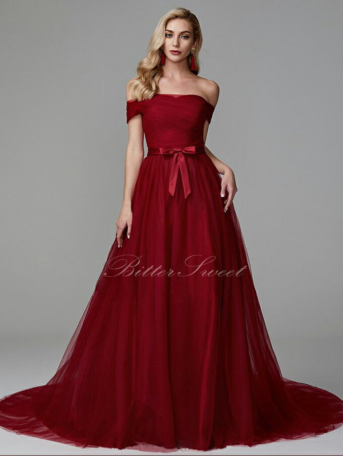 大きいサイズ カラードレス パーティードレス ウェディングドレス Aライン 編み上げタイプ トレーンドレス オフショルダー オーダーメイド【ワインレッド】【XL-7XL】fhk33
