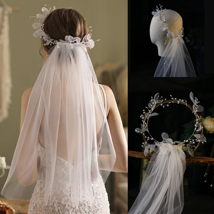 【髪飾り付きのミドルベール】結婚式 ベール 1層 ウェディングベール Wedding Veil ウエディングベール 髪飾り レース【ベールの丈は約56cm】【ts200jd】