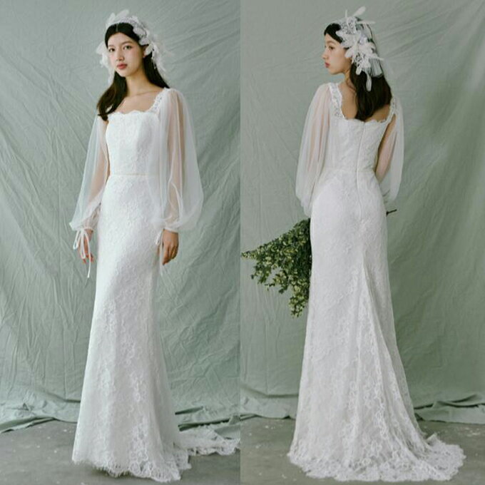 ウェディングドレス 長袖 トレーン スレンダーライン ファスナータイプ ウエディングドレス 前撮り 後撮り 披露宴 結婚式 演奏会 海外挙式ドレス 長いフィッシュテール【オーダーメイド可能】【S・M・L】【ur1】