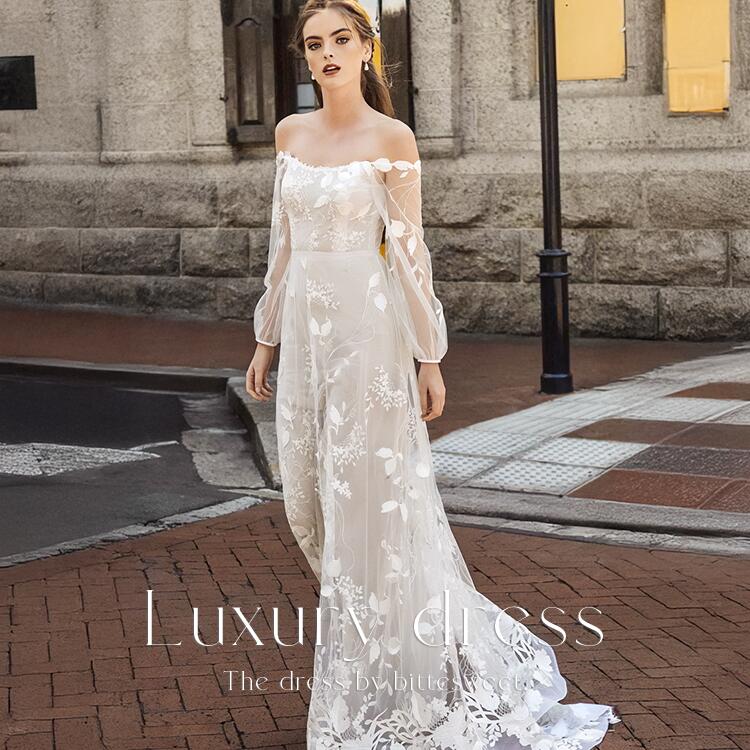 ウエディングドレス ウェディングドレス スレンダーライン オフショルダーファスナータイプ 背中空き ホワイト 前撮り 後撮り 披露宴 結婚式 演奏会 海外挙式ドレス プレミアムドレス 高級 リゾート 【ur74】