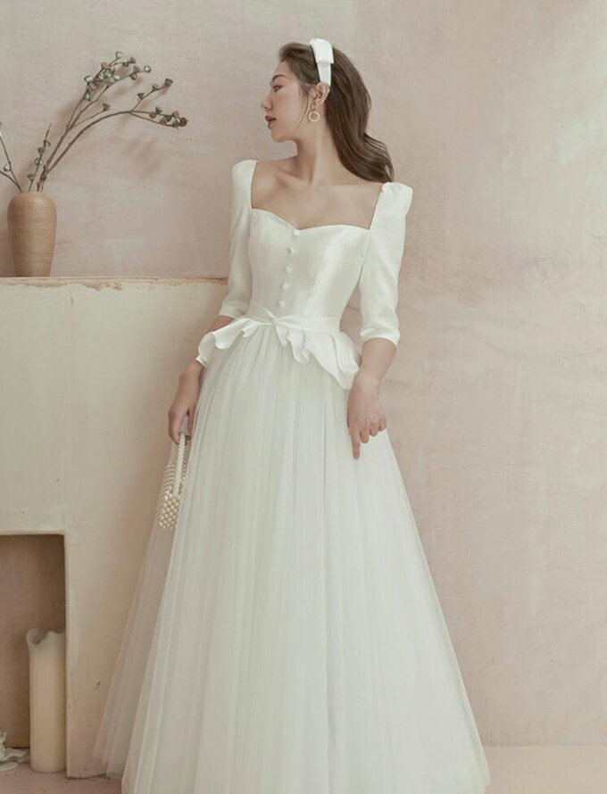 〈P5倍＋500円クーポンあり〉在庫限り販売 ウエディングドレス 韓国風 Wedding Dress ウェディング ドレス 袖あり【オーダーメイドも可能】床付きタイプ ファスナータイプ・編み上げタイプ 前撮り 撮影 結婚式 海外挙式【wd477ls】 3