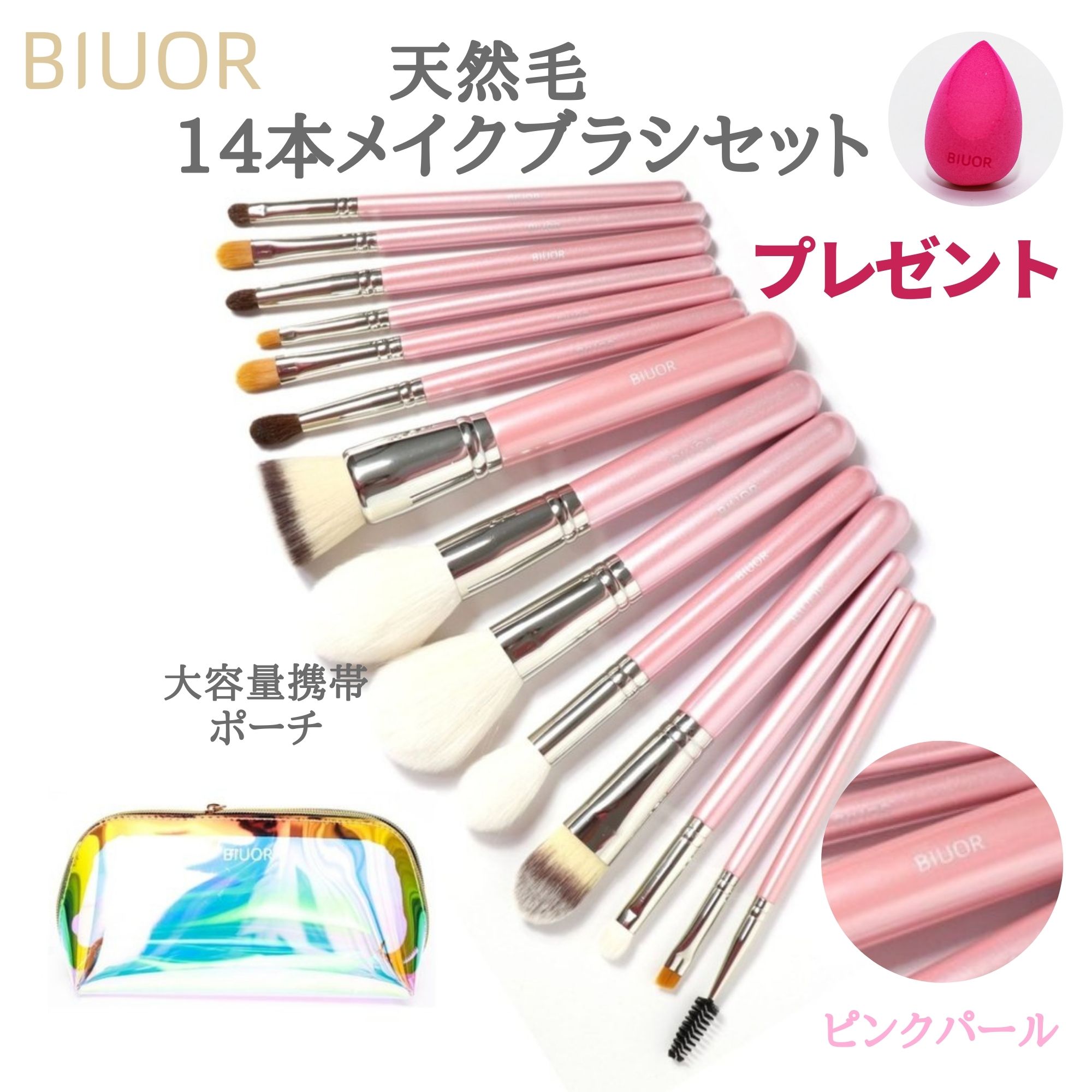 BIUOR【天然動物毛×高級タクロン14本メイクブラシセット 専用ポーチ付き】 山羊毛・馬毛 化粧筆ブラシ ..