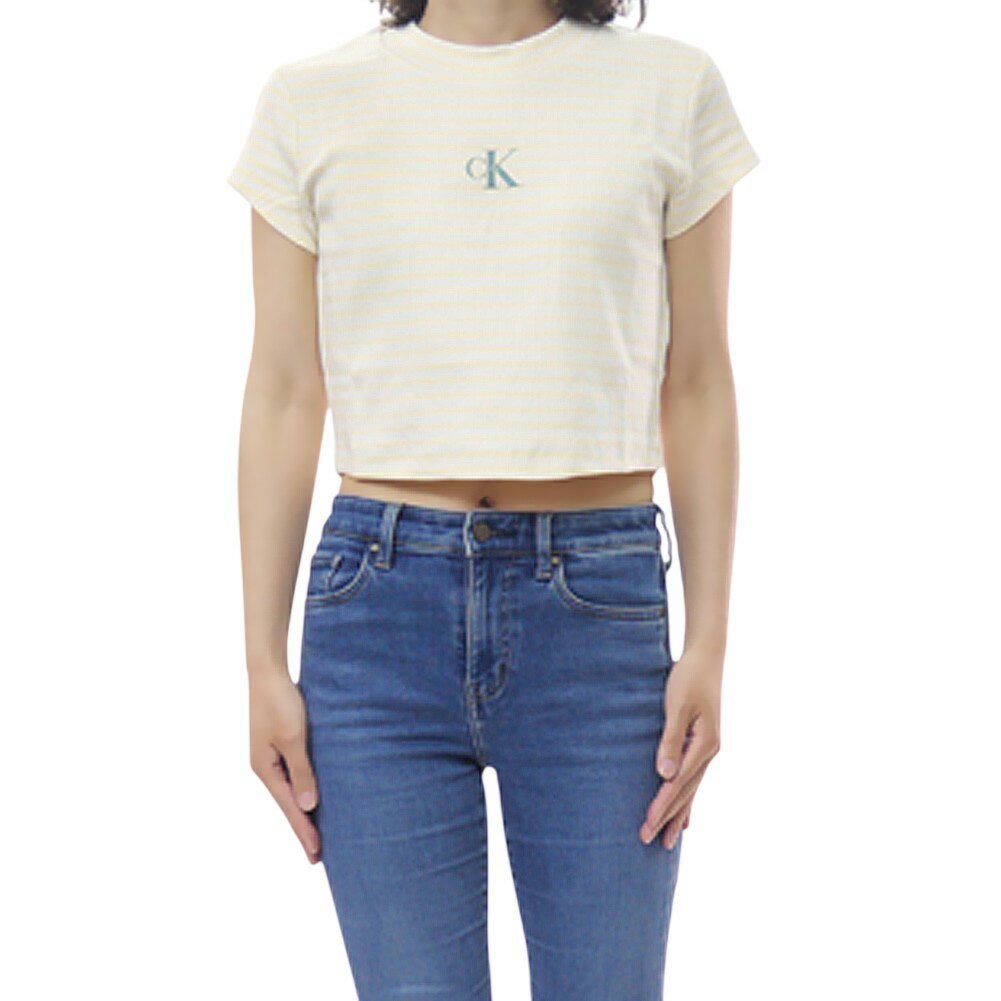 Rakuten - CALVIN KLEIN JEANS カルバンクラインジーンズ レディースクルーネックTシャツ 47F833G イエロー×ホワイト 2026春夏新作