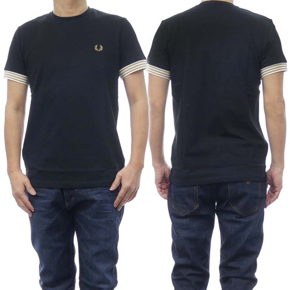 フレッドペリー Tシャツ メンズ FRED PERRY フレッドペリー メンズクルーネックTシャツ M7707 / STRIPED CUFF T-SHIRT ブラック /2024春夏新作