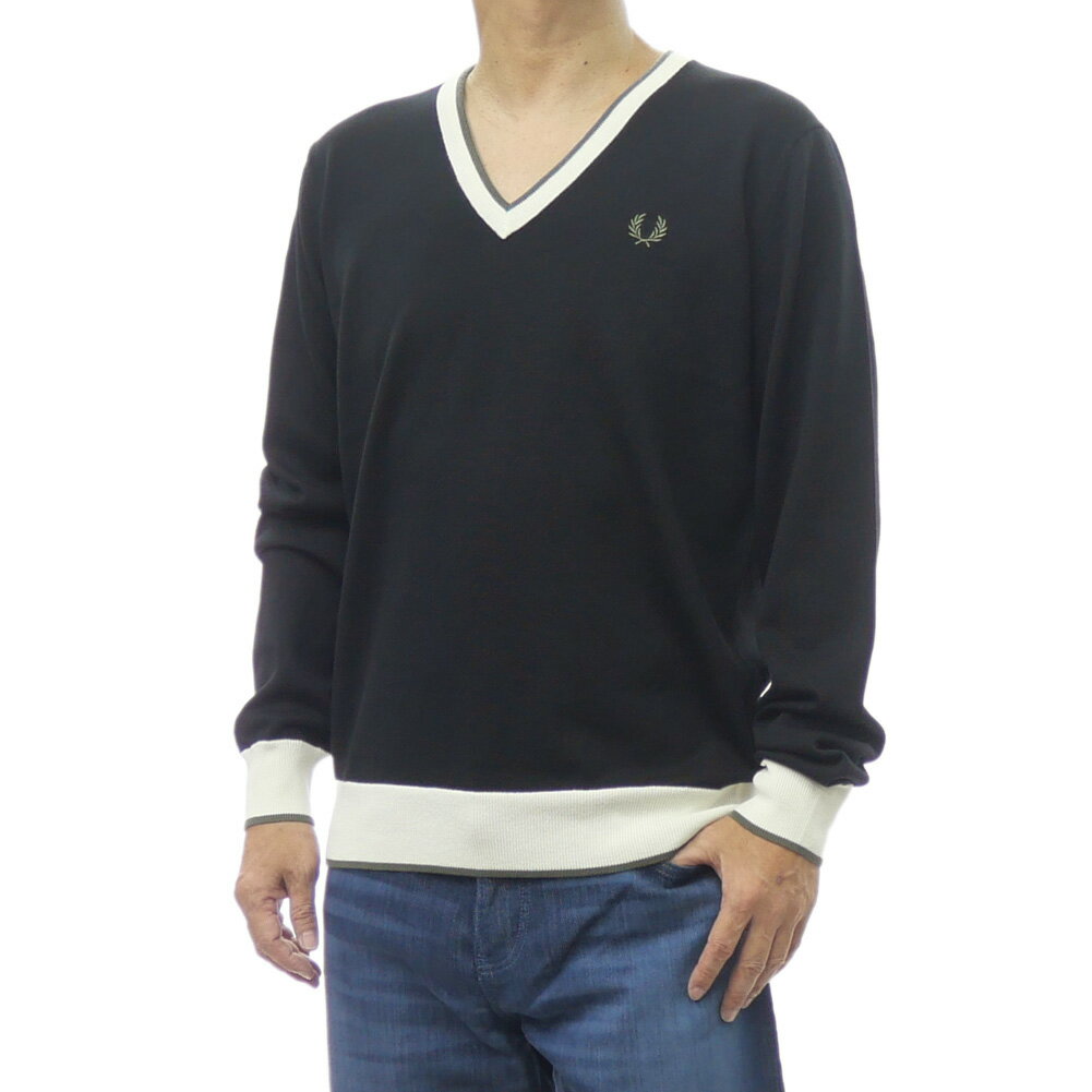 乐天商城 - FRED PERRY フレッドペリー メンズVネックニット セーター K1316 / CONTRAST TIPPED JUMPER ブラック