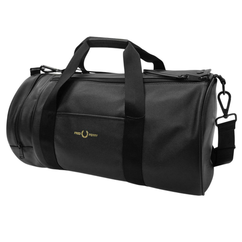 FRED PERRY フレッドペリー メンズバレルバッグ L1188 / SCOTCHGRAIN LATHER BARREL BAG ブラック 2025秋冬新作