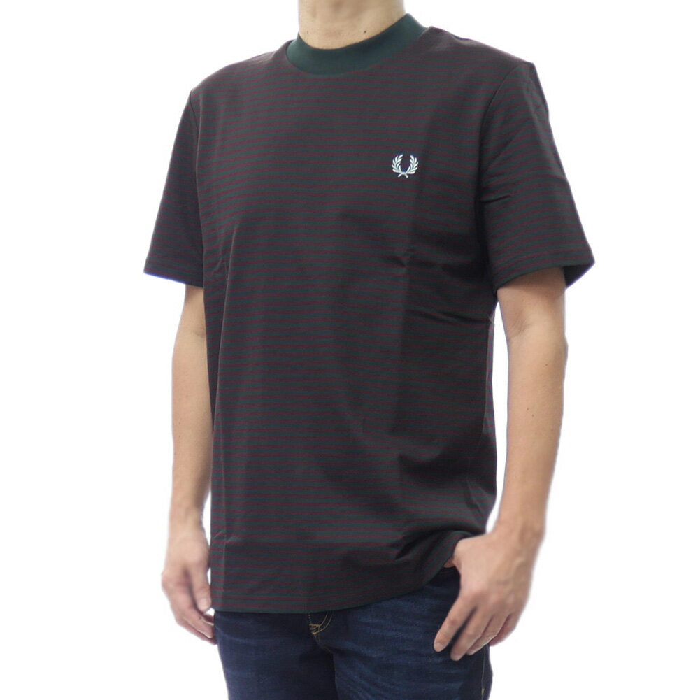 乐天商城 - FRED PERRY フレッドペリー メンズクルーネックTシャツ M6581 / FINE STRIPE HEAVYWEI GHT T-SHIRT グリーン×レッド 2026春夏新作