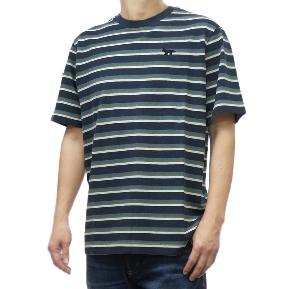 MAISON KITSUNE メゾンキツネ メンズクルーネックTシャツ OM00103 KJ7010 / PROFILE FOX PATCH STRIPED COMFORT TEE SHIRT ネイビー系マルチカラー
