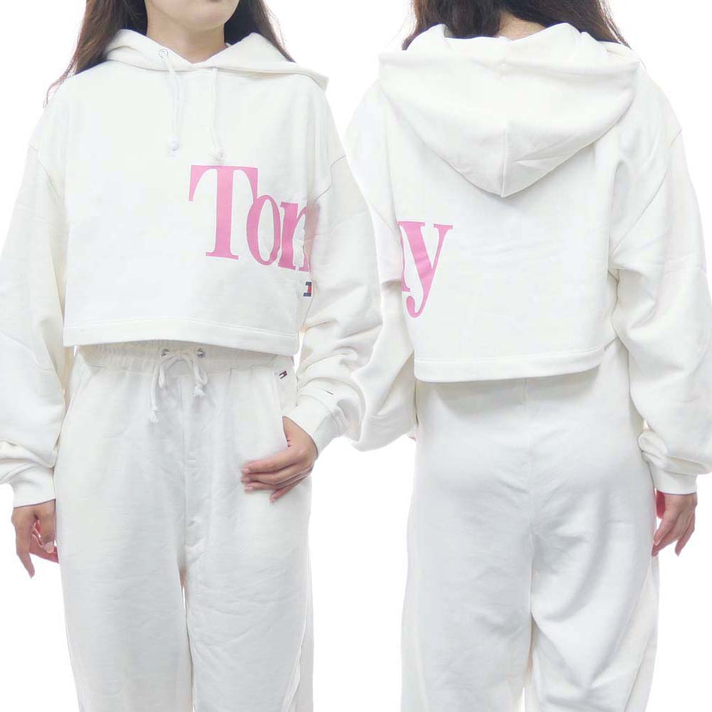 TOMMY JEANS トミージーンズ レディース プルオーバー パーカー DW0DW13577 オフホワイト フーディ ロゴ プリント クロップド ショート丈 コンパクト テリークロス 裏毛 スウェット