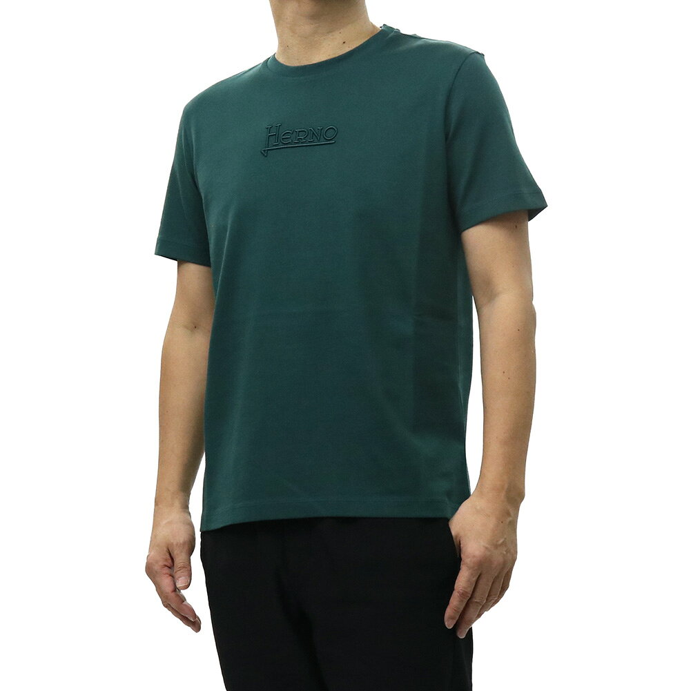 【期間限定ポイント5倍】HERNO ヘルノ メンズ クルーネックTシャツ JG000239U 52000 ロゴ刺繍 コットン100％ 防縮 サンフォライズド加工 半袖 カットソー トップス グリーン