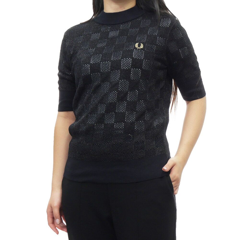 FRED PERRY フレッドペリー レディース モックネック シアー ニット K8121 / METALLIC CHEQUERBOARD KNIDTOP ブラック 透かし編み チェック