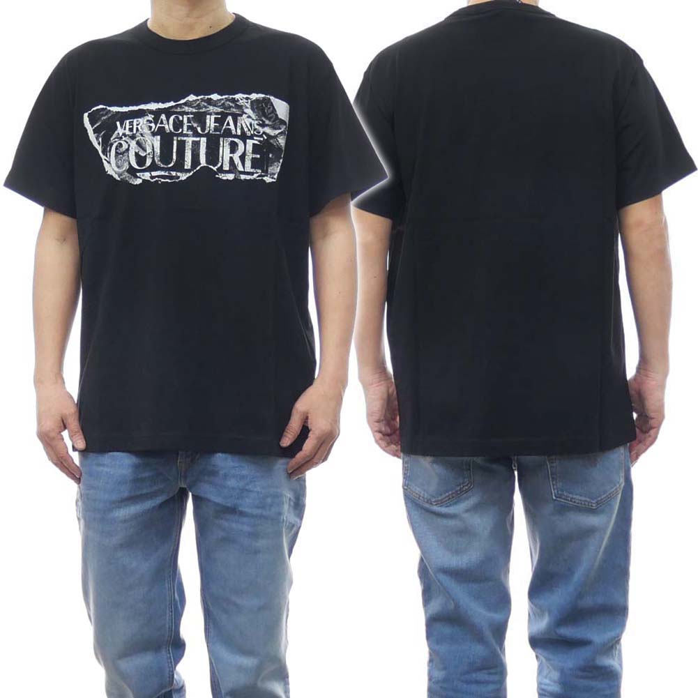 VERSACE JEANS ヴェルサーチェジーンズ メンズクルーネックTシャツ 76GAHE03 UP601 ブラック /2024春夏新作